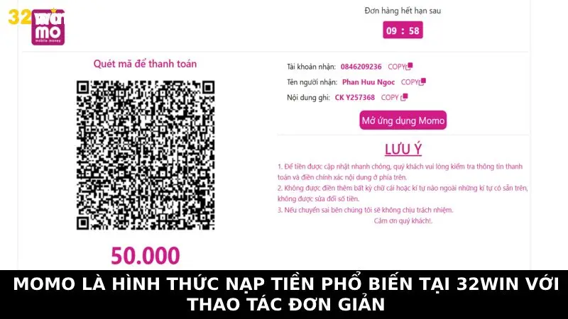 Momo là hình thức nạp tiền phổ biến tại 32Win với thao tác đơn giản